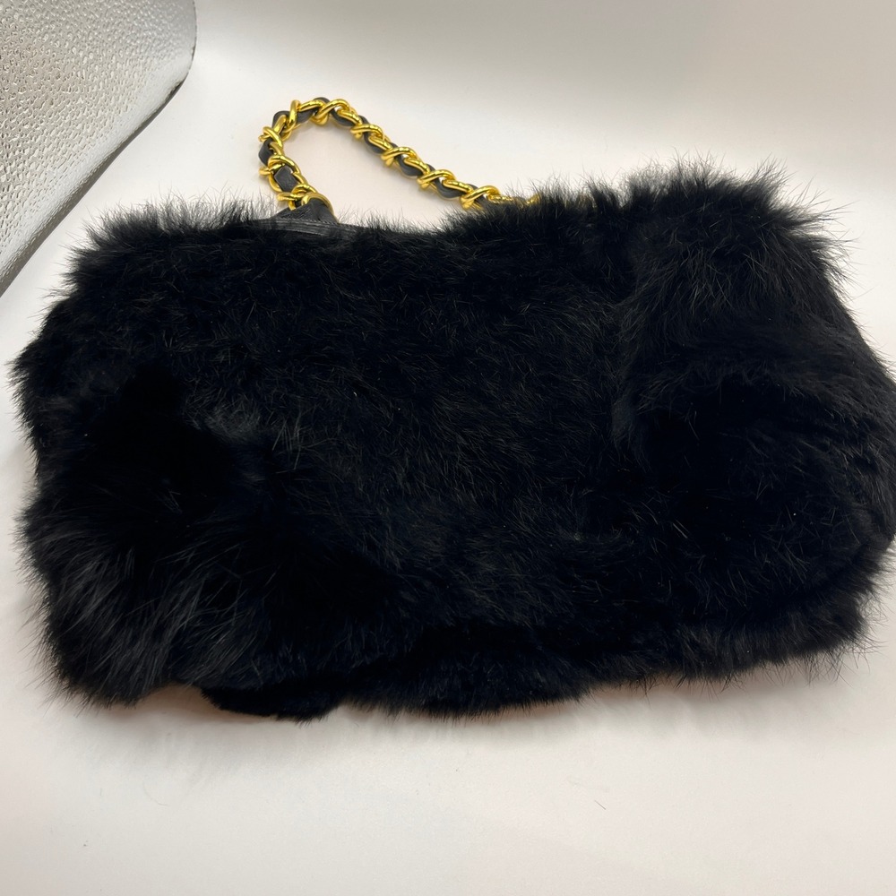 PARADOX Black Faux Fur Chain Shoulder Bag Gold Heart Charm Evening Party